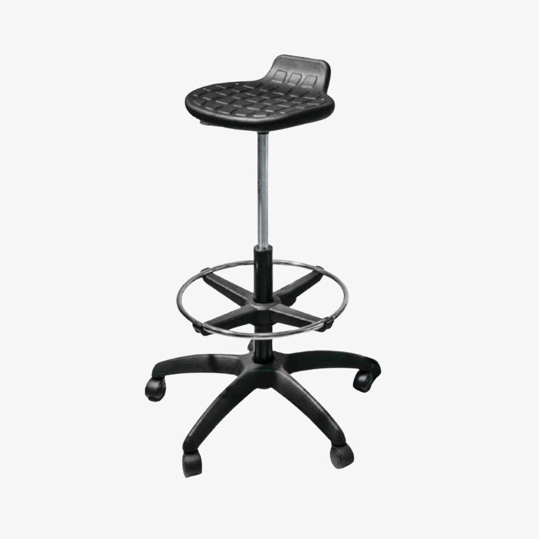 Tabouret TULIP sans dossier avec repose pied chromé et branche PVC
